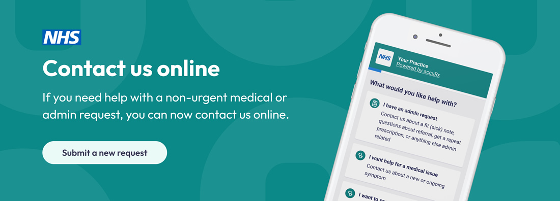 (accurx Logo and Link) - CONTACT US ONLINE - CLICK HERE TO ACCESS THE ACCURX ONLINE TRIAGE SERVICE IN A NEW BROWSER TAB